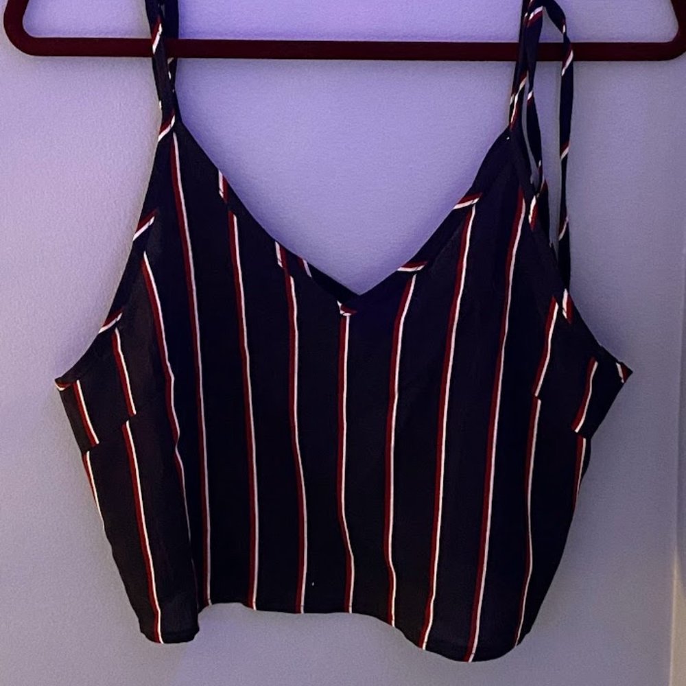 "Romwe (Shein)" Blue cropped Tank Top w/ White/Red Stripes